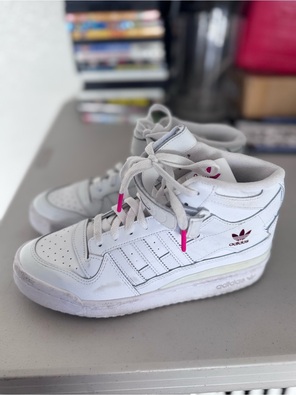 adidas White High-Top Sneakers with Pink Accents